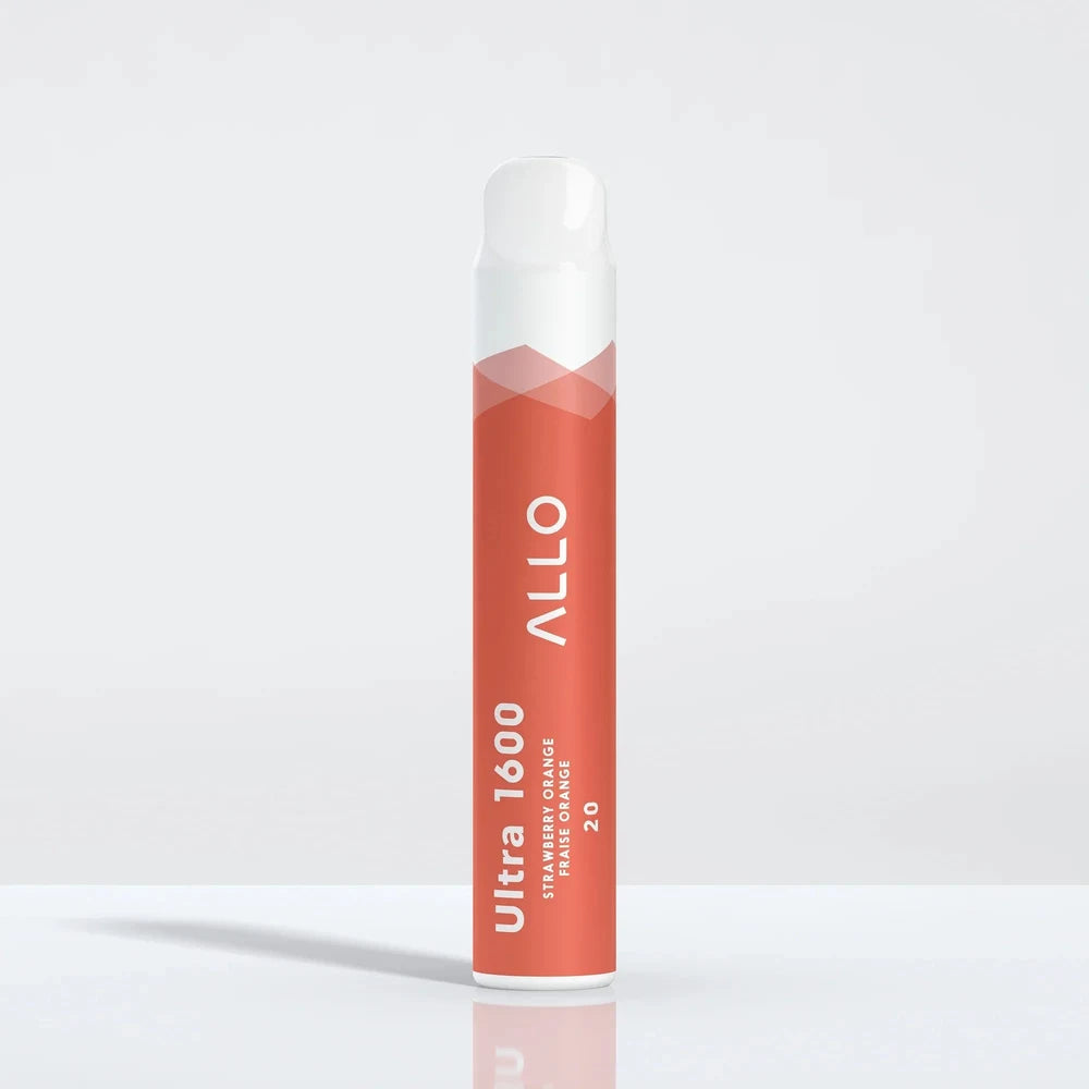 An Allo Ultra 1600 Strawberry Orange disposable vape with a coral orange body and white mouthpiece, featuring the text Allo Ultra 1600 Strawberry Orange Fraise Orange 20.