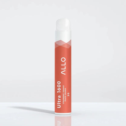 An Allo Ultra 1600 Strawberry Orange disposable vape with a coral orange body and white mouthpiece, featuring the text Allo Ultra 1600 Strawberry Orange Fraise Orange 20.