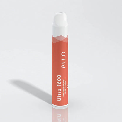 An Allo Ultra 1600 Strawberry Orange disposable vape featuring a cylindrical orange body with a white mouthpiece and text reading Ultra 1600 Strawberry Orange.