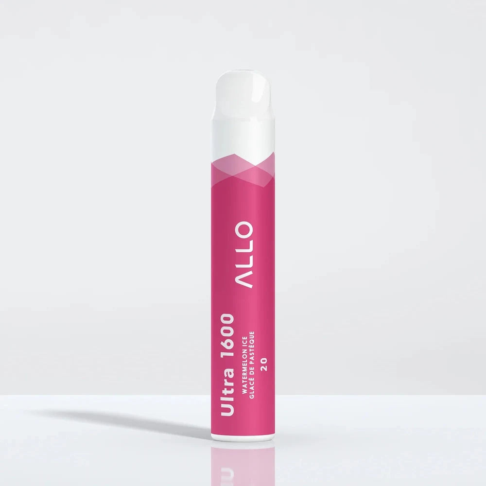 An ALLO Ultra 1600 Watermelon Ice disposable vape featuring a pink cylindrical body with a white mouthpiece, labeled with ALLO and Ultra 1600 text against a plain white background.