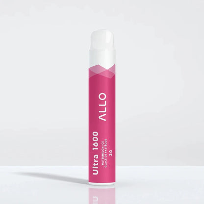An ALLO Ultra 1600 Watermelon Ice disposable vape featuring a pink cylindrical body with a white mouthpiece, labeled with ALLO and Ultra 1600 text against a plain white background.