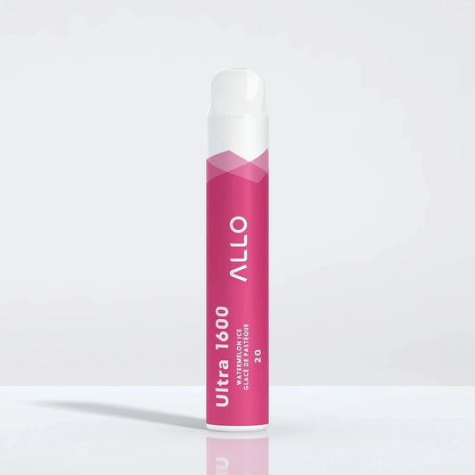 An ALLO Ultra 1600 Watermelon Ice disposable vape featuring a pink cylindrical body with a white mouthpiece, labeled with ALLO and Ultra 1600 text against a plain white background.