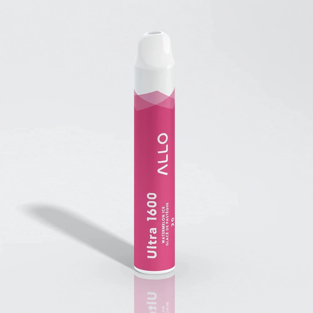 Allo Ultra 1600 Watermelon Ice disposable vape featuring a pink cylindrical body with white accents and text reading Ultra 1600, Watermelon Ice, and Allo.