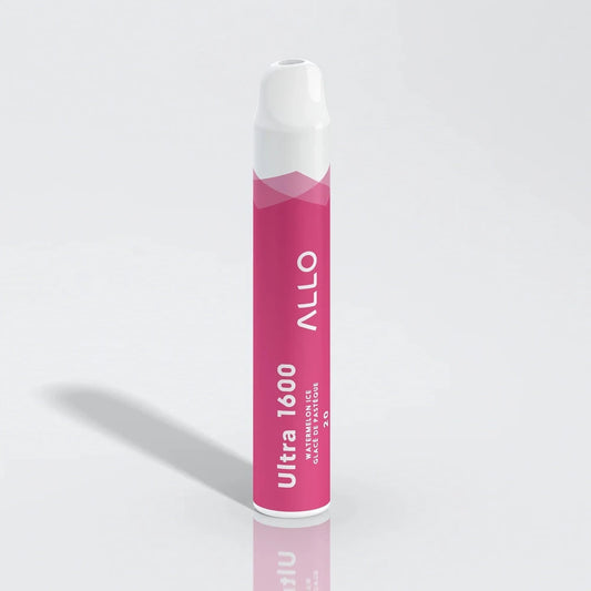 Allo Ultra 1600 Watermelon Ice disposable vape featuring a pink cylindrical body with white accents and text reading Ultra 1600, Watermelon Ice, and Allo.