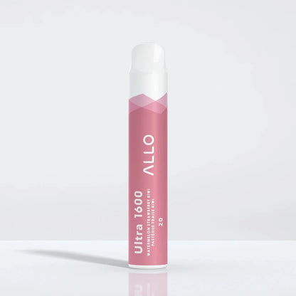 Allo Ultra 1600 Watermelon Strawberry Kiwi disposable vape featuring a pink cylindrical body with white accents and text reading Ultra 1600, Allo, and 20.