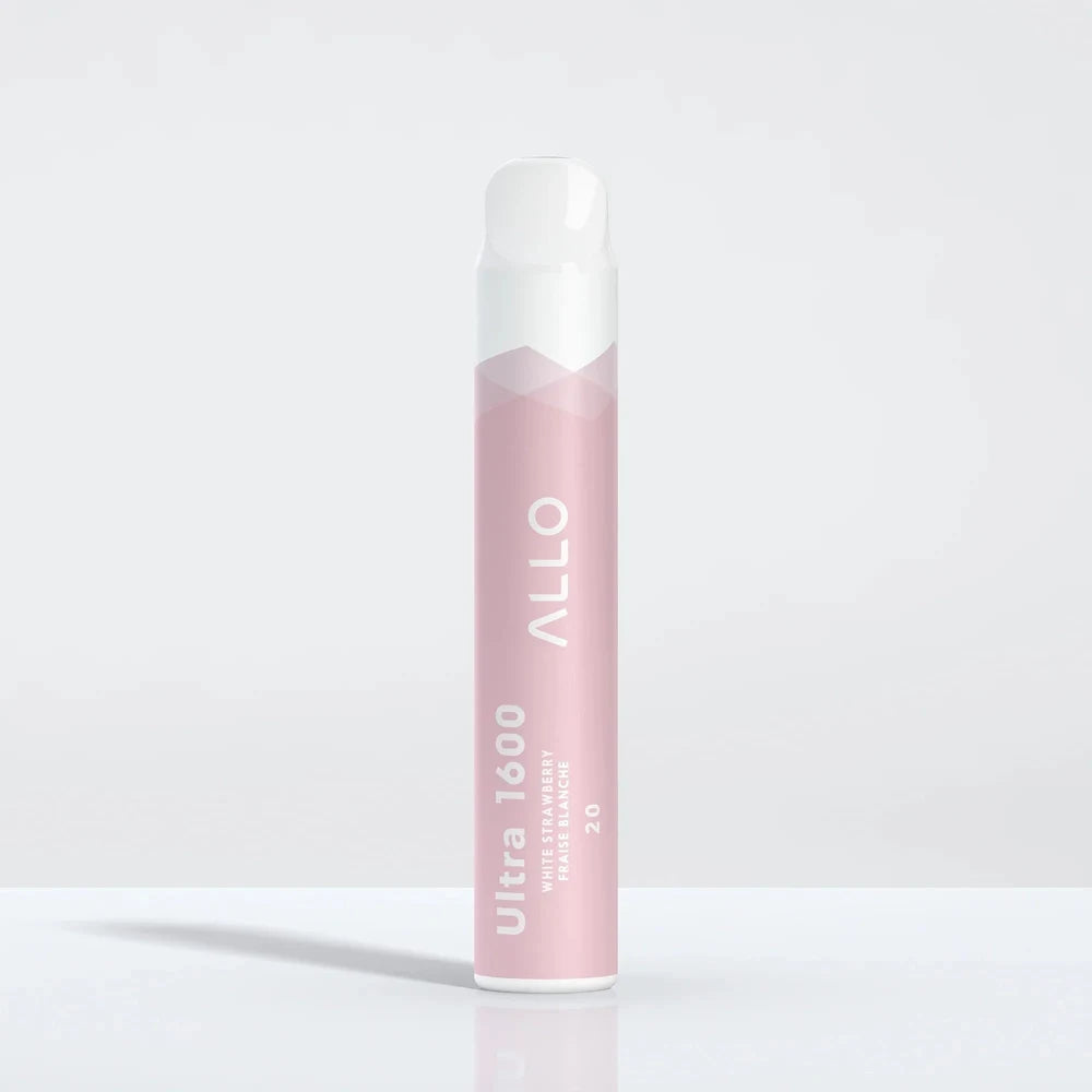 Allo Ultra 1600 White Strawberry disposable vape featuring a light pink cylindrical body with white text and a white mouthpiece on a neutral background.