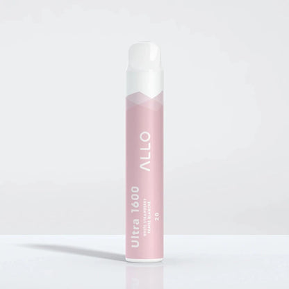Allo Ultra 1600 White Strawberry disposable vape featuring a light pink cylindrical body with white text and a white mouthpiece on a neutral background.