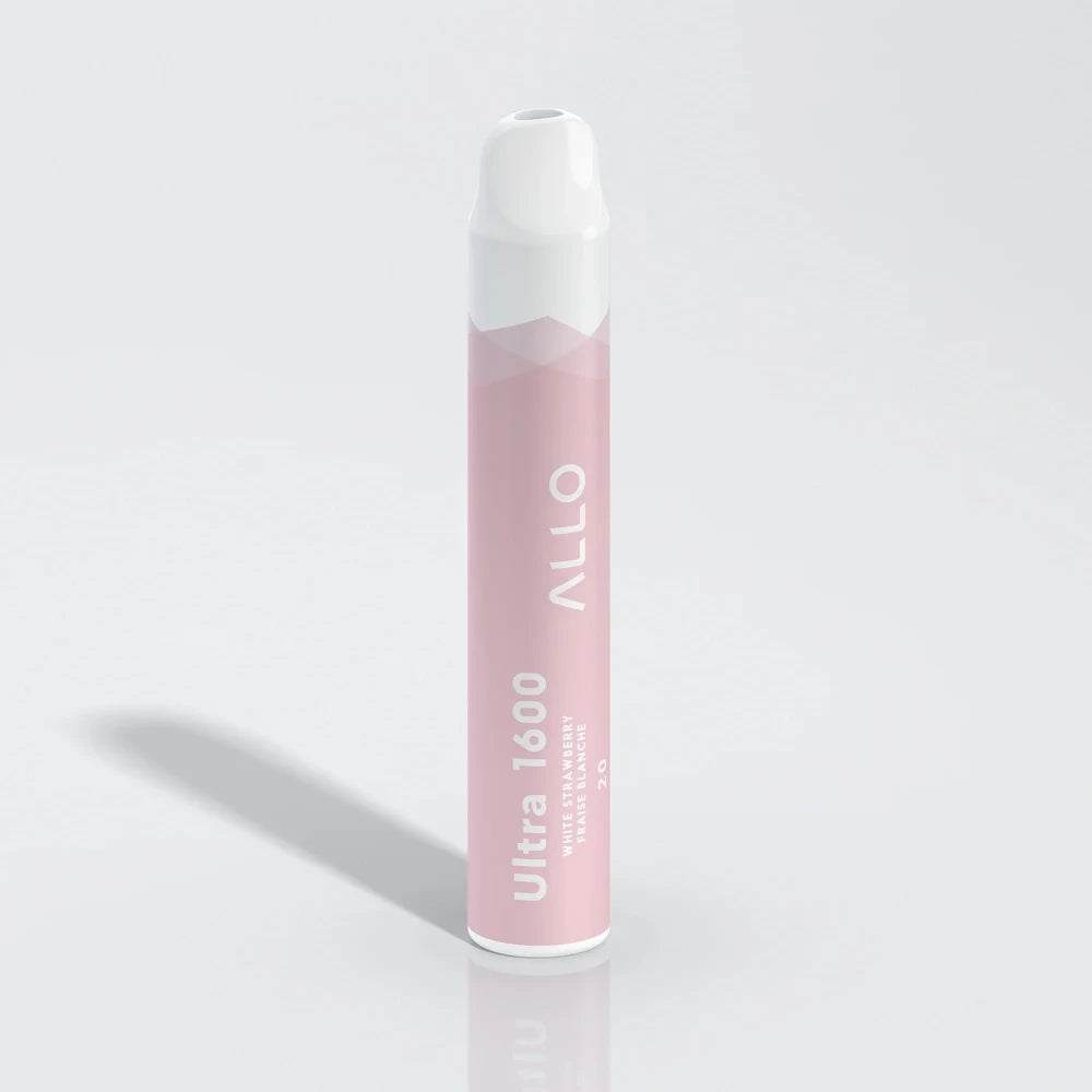 An ALLO Ultra 1600 White Strawberry disposable vape featuring a light pink cylindrical body with a white mouthpiece, labeled with ALLO, Ultra 1600, and White Strawberry Fraise Blanche text on a plain white background.