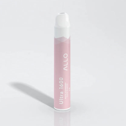 An ALLO Ultra 1600 White Strawberry disposable vape featuring a light pink cylindrical body with a white mouthpiece, labeled with ALLO, Ultra 1600, and White Strawberry Fraise Blanche text on a plain white background.