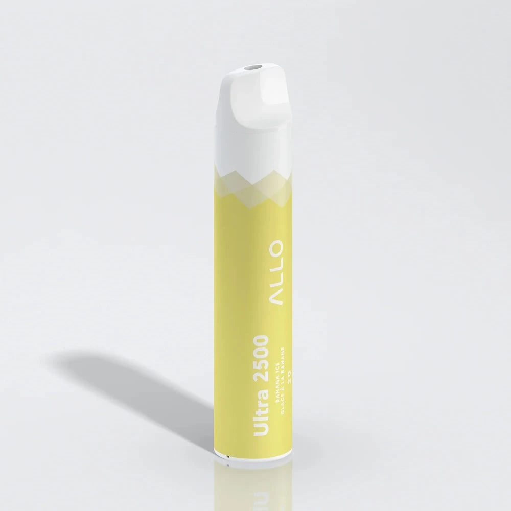 An Allo Ultra 2500 Banana Ice disposable vape featuring a yellow and white cylindrical body with a white mouthpiece, labeled with Ultra 2500 and Banana Ice text against a plain white background.