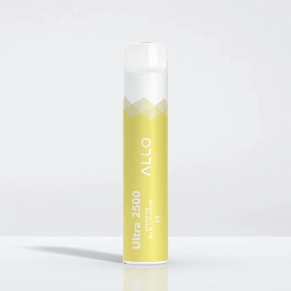 An Allo Ultra 2500 Banana Ice disposable vape featuring a yellow and white cylindrical body with a clear mouthpiece, labeled with Allo, Ultra 2500, and Banana Ice text.