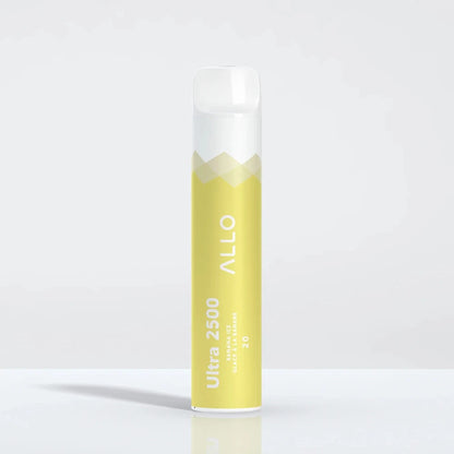 An Allo Ultra 2500 Banana Ice disposable vape featuring a yellow and white cylindrical body with a clear mouthpiece, labeled with Allo, Ultra 2500, and Banana Ice text.