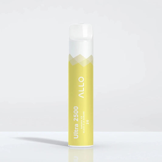 An Allo Ultra 2500 Banana Ice disposable vape featuring a yellow and white cylindrical body with a clear mouthpiece, labeled with Allo, Ultra 2500, and Banana Ice text.