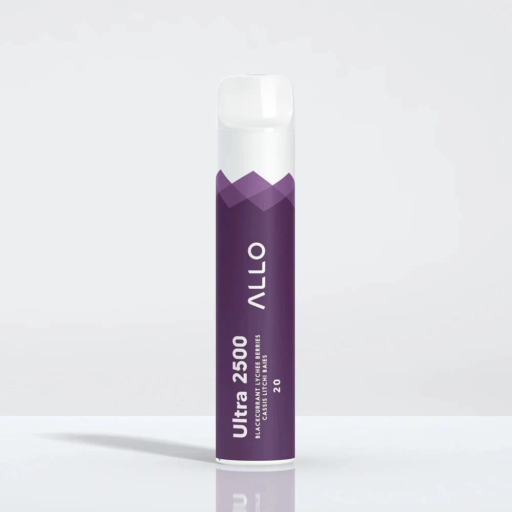 Allo Ultra 2500 Blackcurrant Lychee Berries disposable vape featuring a purple and white cylindrical body with a clear mouthpiece, labeled with Allo Ultra 2500 and flavor text.