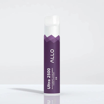 Allo Ultra 2500 Blackcurrant Lychee Berries disposable vape featuring a purple and white cylindrical body with a clear mouthpiece, labeled with Allo Ultra 2500 and flavor text.