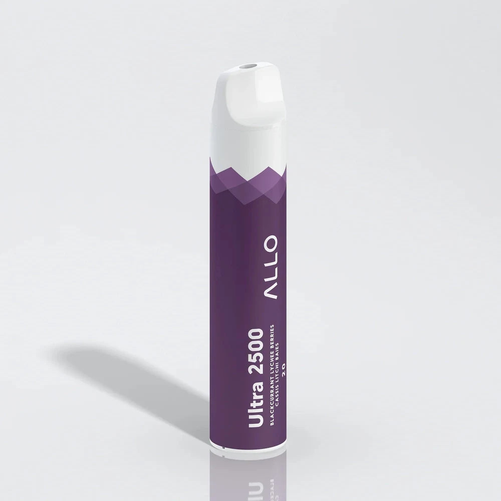 Allo Ultra 2500 Blackcurrant Lychee Berries disposable vape featuring a purple cylindrical body with a white mouthpiece and text reading Ultra 2500 and Allo.