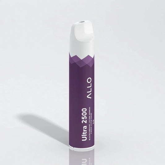 Allo Ultra 2500 Blackcurrant Lychee Berries disposable vape featuring a purple cylindrical body with a white mouthpiece and text reading Ultra 2500 and Allo.
