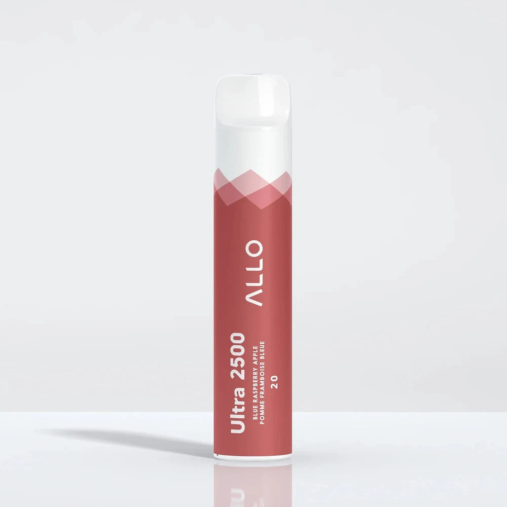 An Allo Ultra 2500 Blue Raspberry Apple disposable vape stands upright against a plain white background, featuring a red cylindrical body with white text and a clear mouthpiece.