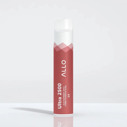 An Allo Ultra 2500 Blue Raspberry Apple disposable vape stands upright against a plain white background, featuring a red cylindrical body with white text and a clear mouthpiece.