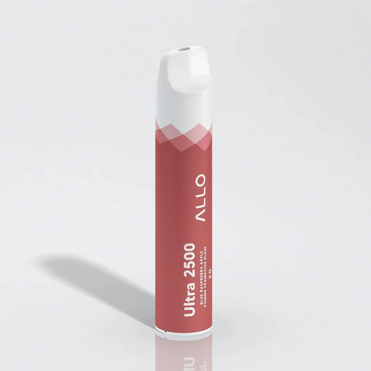 Allo Ultra 2500 Blue Raspberry Apple disposable vape featuring a red cylindrical body with a white mouthpiece and text reading Ultra 2500, Blue Raspberry Apple, and Allo.