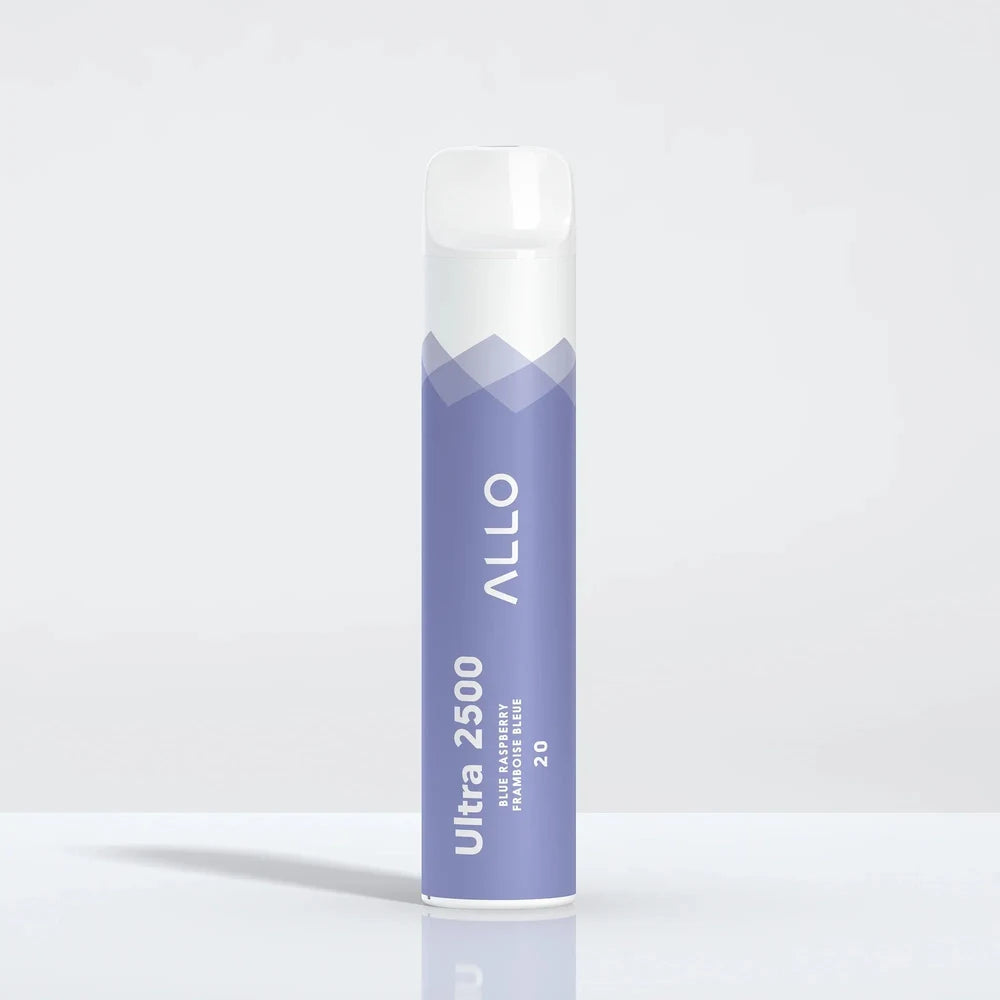 An Allo Ultra 2500 Blue Raspberry disposable vape featuring a purple and white cylindrical body with text reading Allo, Ultra 2500, Blue Raspberry, Framboise Bleue, and 20, shown on a reflective white surface.