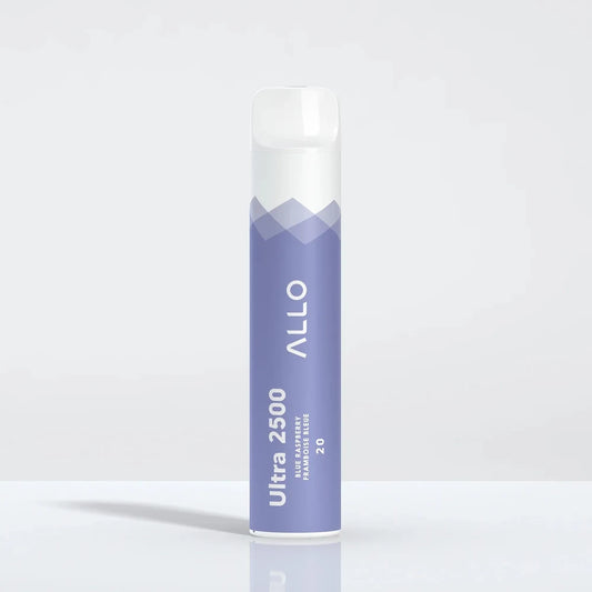 An Allo Ultra 2500 Blue Raspberry disposable vape featuring a purple and white cylindrical body with text reading Allo, Ultra 2500, Blue Raspberry, Framboise Bleue, and 20, shown on a reflective white surface.