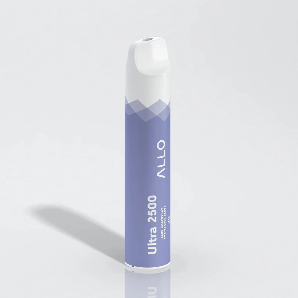 An Allo Ultra 2500 Blue Raspberry disposable vape featuring a light purple cylindrical body with a white mouthpiece and text reading Ultra 2500 Blue Raspberry Framboise Bleue 20.