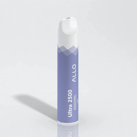 An Allo Ultra 2500 Blue Raspberry disposable vape featuring a light purple cylindrical body with a white mouthpiece and text reading Ultra 2500 Blue Raspberry Framboise Bleue 20.