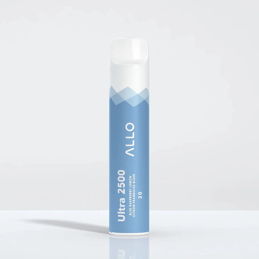 An Allo Ultra 2500 Blue Raspberry Lemon disposable vape featuring a light blue and white cylindrical body with text reading Ultra 2500, Blue Raspberry Lemon, and Allo.