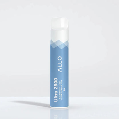 An Allo Ultra 2500 Blue Raspberry Lemon disposable vape featuring a light blue and white cylindrical body with text reading Ultra 2500, Blue Raspberry Lemon, and Allo.