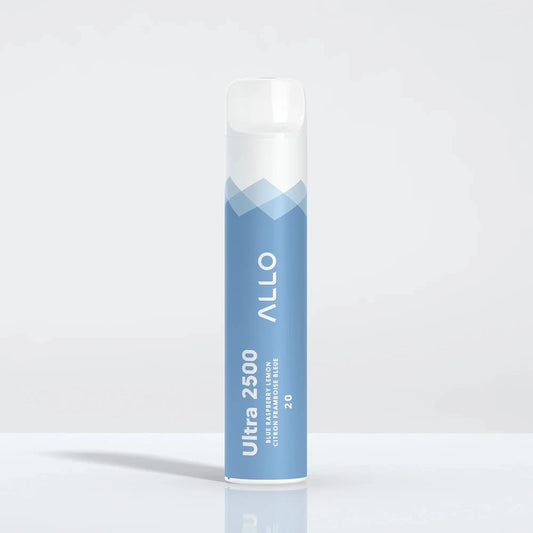 An Allo Ultra 2500 Blue Raspberry Lemon disposable vape featuring a light blue and white cylindrical body with text reading Ultra 2500, Blue Raspberry Lemon, and Allo.