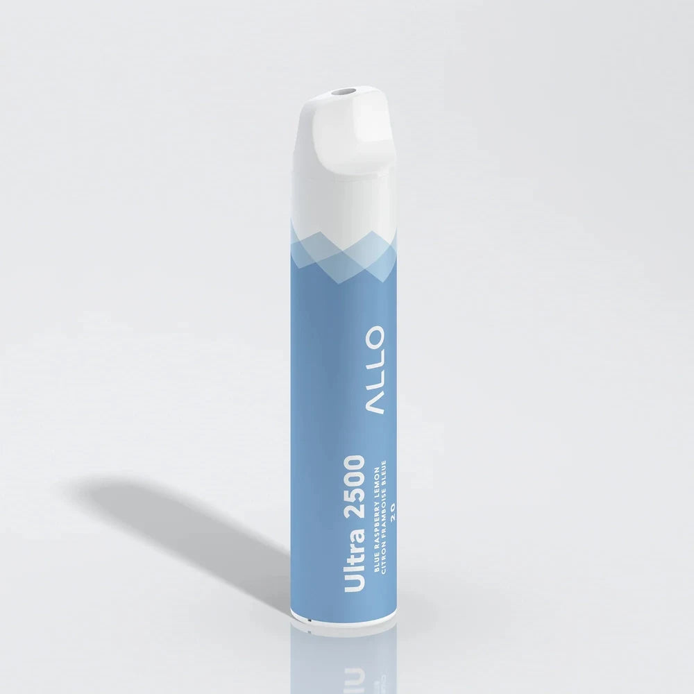 Allo Ultra 2500 Blue Raspberry Lemon disposable vape featuring a light blue cylindrical body with white mountain graphics and a white mouthpiece, labeled with Ultra 2500 and Allo branding.