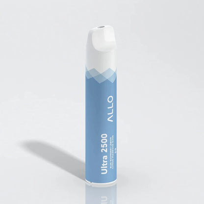 Allo Ultra 2500 Blue Raspberry Lemon disposable vape featuring a light blue cylindrical body with white mountain graphics and a white mouthpiece, labeled with Ultra 2500 and Allo branding.