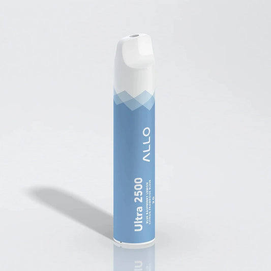 Allo Ultra 2500 Blue Raspberry Lemon disposable vape featuring a light blue cylindrical body with white mountain graphics and a white mouthpiece, labeled with Ultra 2500 and Allo branding.