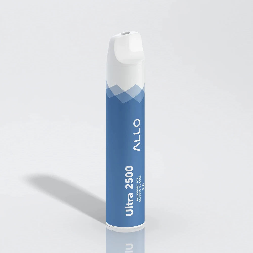 Allo Ultra 2500 Blueberry Ice disposable vape featuring a blue and white cylindrical body with mountain graphics and text reading Ultra 2500 Blueberry Ice.
