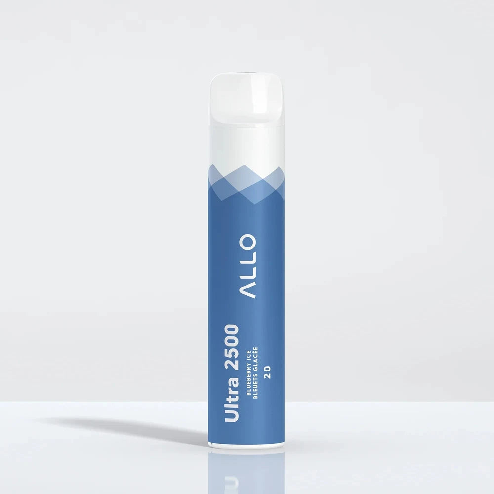 Allo Ultra 2500 Blueberry Ice disposable vape featuring a blue and white cylindrical body with a clear mouthpiece and text reading Ultra 2500, Blueberry Ice, and 20.