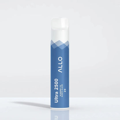 Allo Ultra 2500 Blueberry Ice disposable vape featuring a blue and white cylindrical body with a clear mouthpiece and text reading Ultra 2500, Blueberry Ice, and 20.
