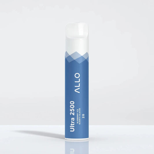 Allo Ultra 2500 Blueberry Ice disposable vape featuring a blue and white cylindrical body with a clear mouthpiece and text reading Ultra 2500, Blueberry Ice, and 20.