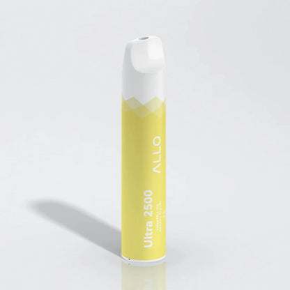 A yellow and white Allo Ultra 2500 Pineapple Ice disposable vape stands upright against a plain white background.
