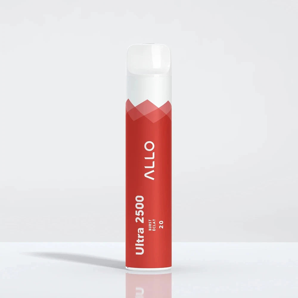 An Allo Ultra 2500 Burst disposable vape featuring a red cylindrical body with white text and a clear mouthpiece, standing upright against a plain white background.
