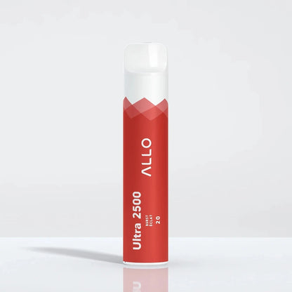 An Allo Ultra 2500 Burst disposable vape featuring a red cylindrical body with white text and a clear mouthpiece, standing upright against a plain white background.