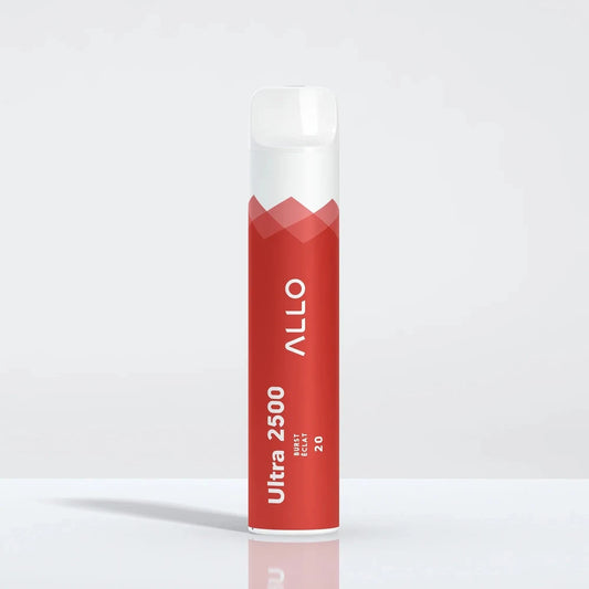 An Allo Ultra 2500 Burst disposable vape featuring a red cylindrical body with white text and a clear mouthpiece, standing upright against a plain white background.