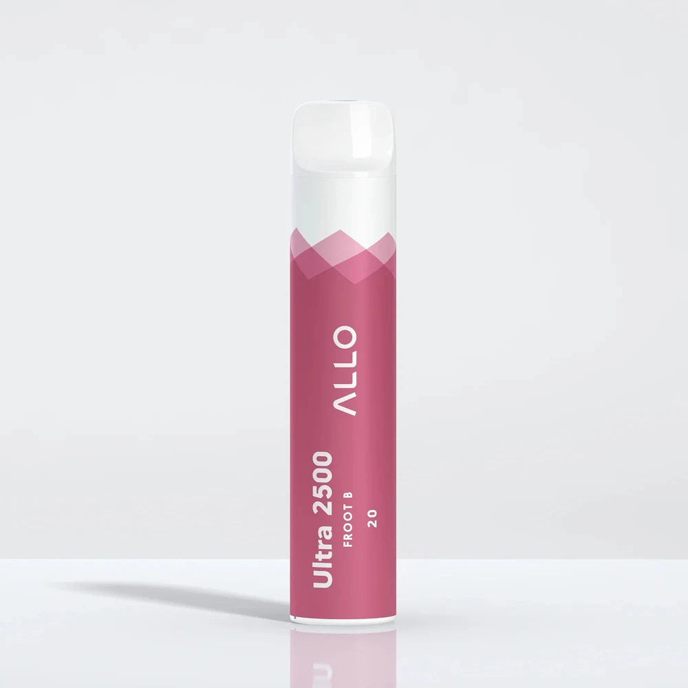 An Allo Ultra 2500 Froot B disposable vape with a pink body and white mouthpiece, featuring the text Ultra 2500 Froot B 20 and the Allo logo.