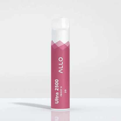 An Allo Ultra 2500 Froot B disposable vape with a pink body and white mouthpiece, featuring the text Ultra 2500 Froot B 20 and the Allo logo.