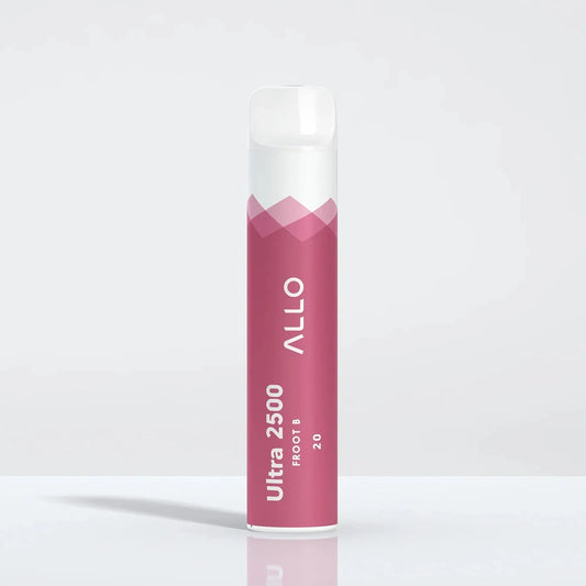 An Allo Ultra 2500 Froot B disposable vape with a pink body and white mouthpiece, featuring the text Ultra 2500 Froot B 20 and the Allo logo.