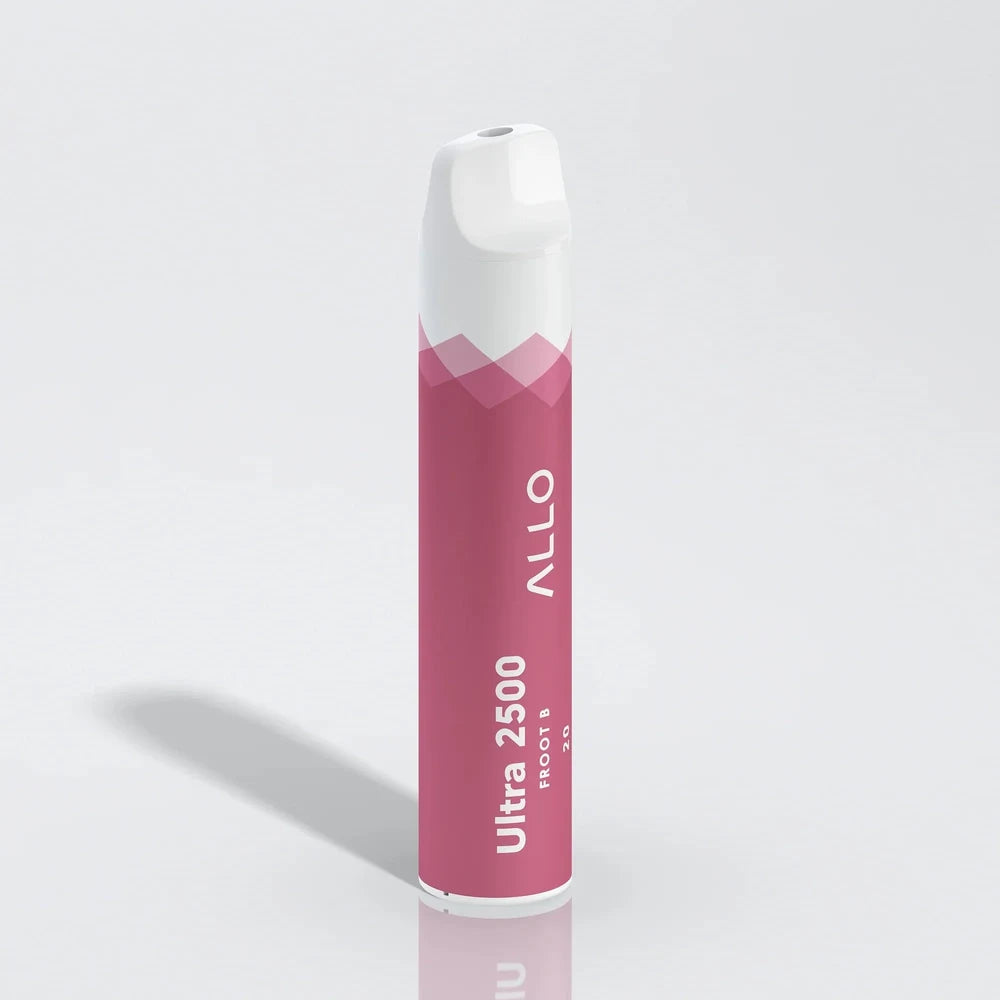An Allo Ultra 2500 Froot B disposable vape featuring a pink cylindrical body with a white mouthpiece and Allo Ultra 2500 Froot B 20 branding, shown on a plain white reflective surface.