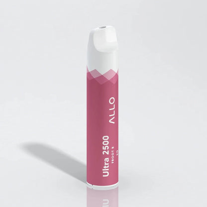 An Allo Ultra 2500 Froot B disposable vape featuring a pink cylindrical body with a white mouthpiece and Allo Ultra 2500 Froot B 20 branding, shown on a plain white reflective surface.