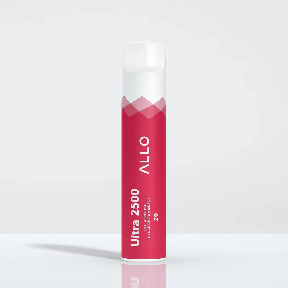 Allo Ultra 2500 Fuji Apple Ice disposable vape featuring a red and white cylindrical body with a clear mouthpiece, labeled with Ultra 2500 and Fuji Apple Ice text.