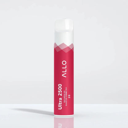 Allo Ultra 2500 Fuji Apple Ice disposable vape featuring a red and white cylindrical body with a clear mouthpiece, labeled with Ultra 2500 and Fuji Apple Ice text.
