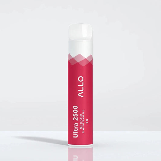 Allo Ultra 2500 Fuji Apple Ice disposable vape featuring a red and white cylindrical body with a clear mouthpiece, labeled with Ultra 2500 and Fuji Apple Ice text.